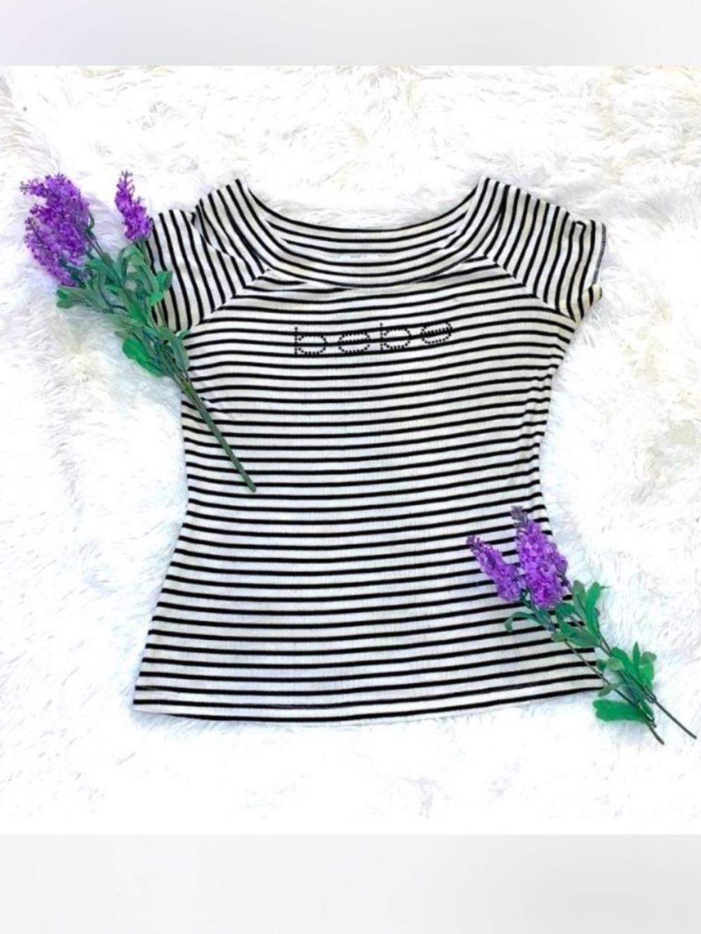 Vintage Y2K bebe Black & White Striped Scoop-Neck Tee